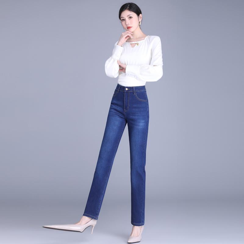 

Прямые эластичные джинсы женские с высокой талией, утягивающие, повседневные брюки для женщин среднего возраста 34 темно-синий