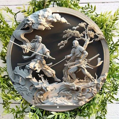 Wooden Round Sign Wall Decor, HD Print, Samurai Warrior Battle, Pre-drilled, Weather-Resistant, Home Decor for Door, Wall, Home, Room, Farmhouse,