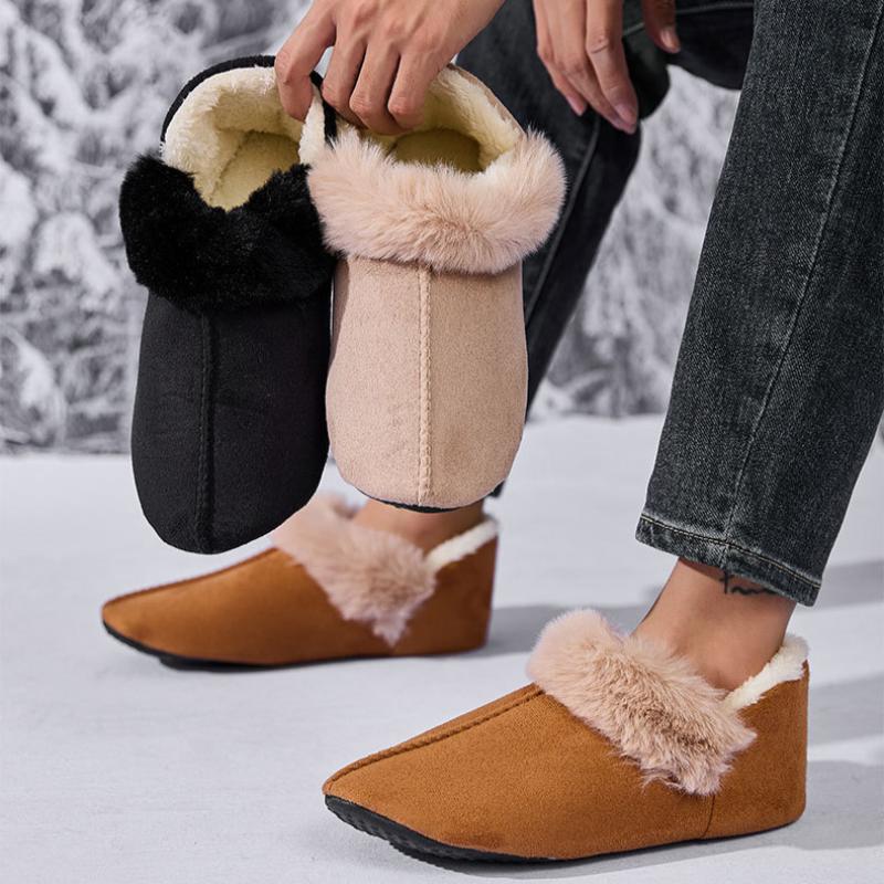 Warm Fur-covered Cotton Slippers with Velvet and Non-slip Home Cotton Shoes for Women In Winter with Thin Soles and Indoor Short Boots