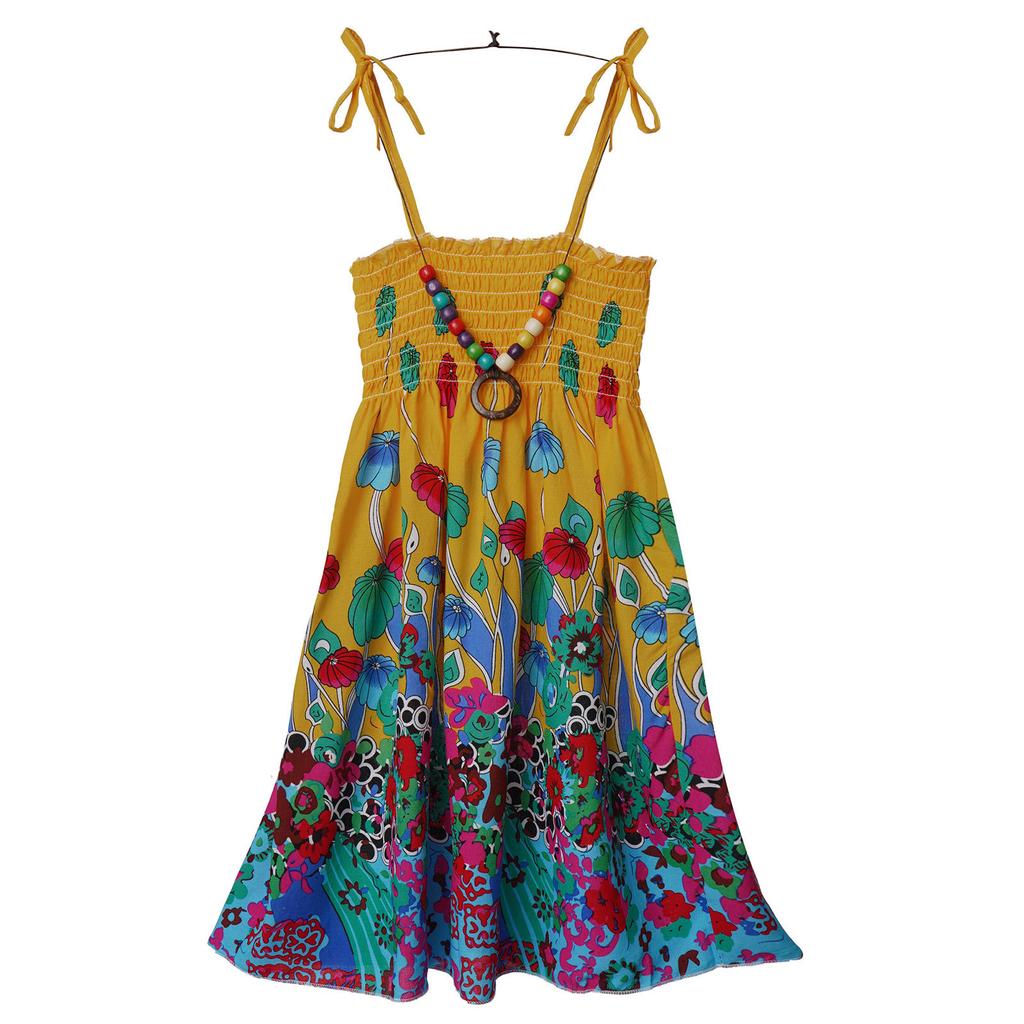 Girls Bohemian Beach Dress Off Shoulder Floral Sleeveless Rainbow Straps Suspender Dress with Necklace Summer Outfit