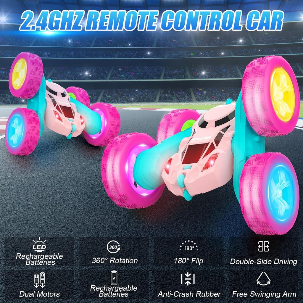 Pink Remote Control Car for Girls 6-12 Year Old Double Sided 360Captive Rotating 4WD Rechargeable RC Cars Race Stunt Toy Car for Kids Birthday