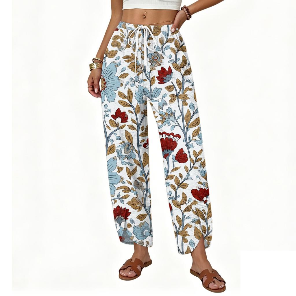 Women's Casual Loose Straight Leg Drawstring Printed Long Pants with Relaxed Fit Lightweight Breathable Fabric for Everyday Wear