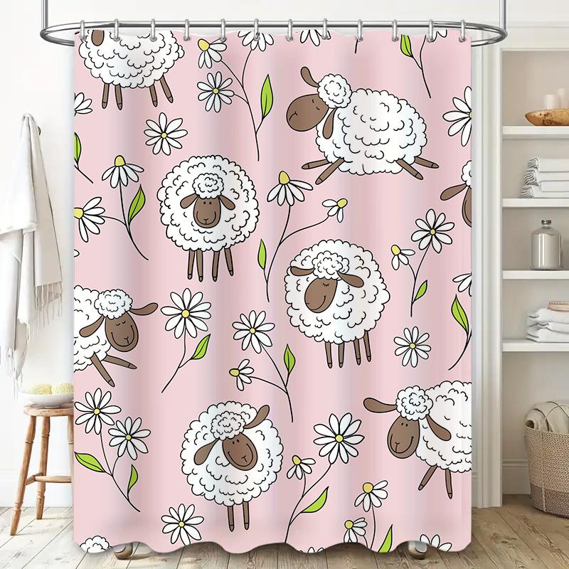 Pink Sheep Flower Shower Curtain Bathroom Decoration for Kids' Room or Kitchen