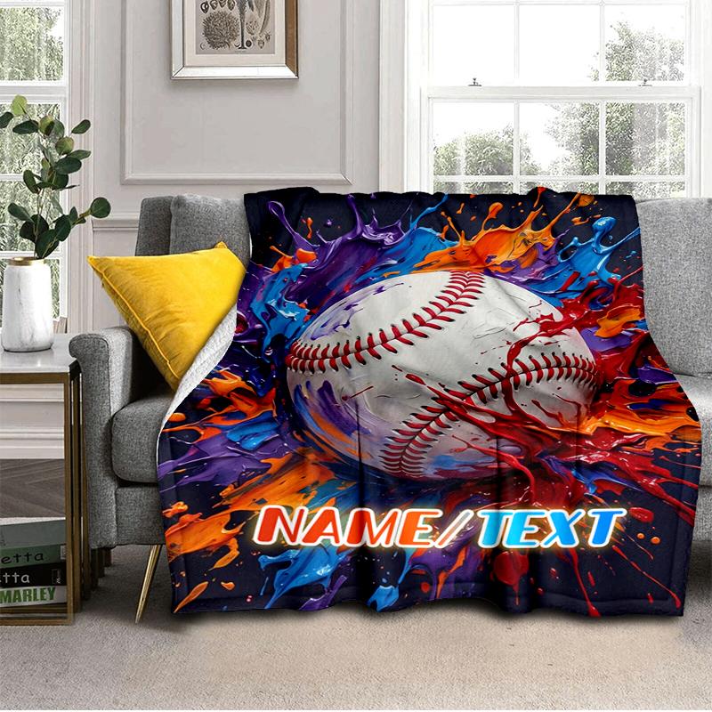1PC Custom Name "Baseball Splash Artwork" Flannel Blanket Versatile,all-season Throw Suitable for the Living Room,bedroom,camping,travel,and Gift