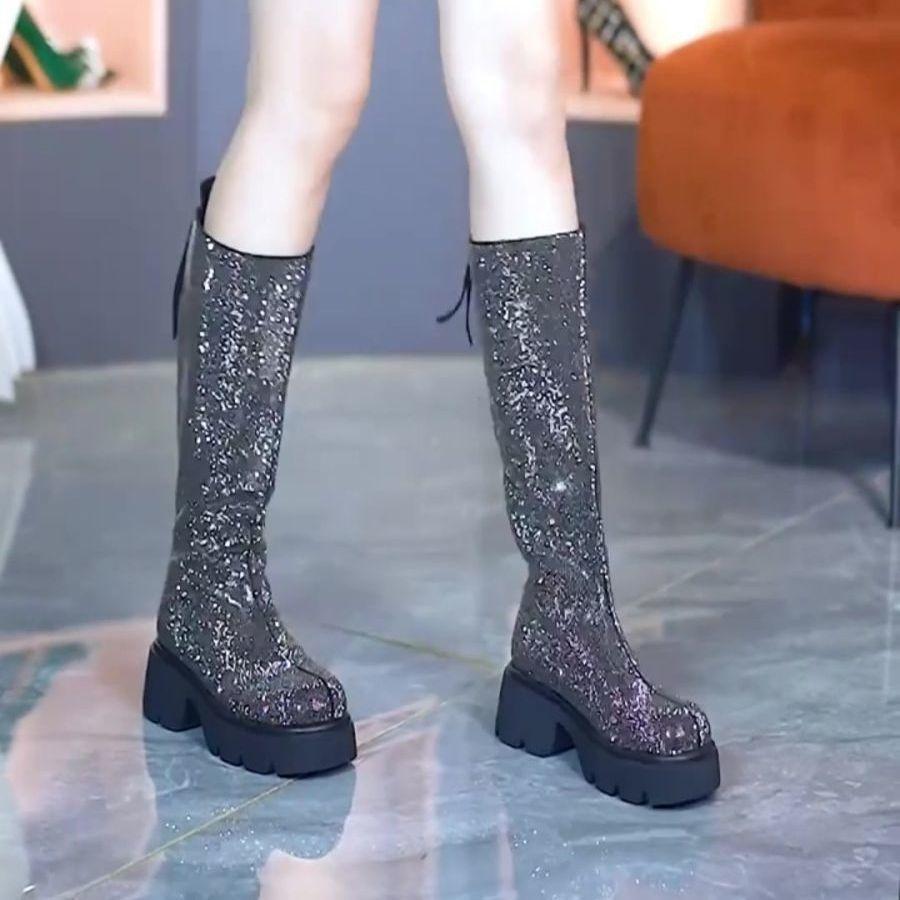 

Small thick-soled high-heeled but knee-full diamond boots 2025 autumn and winter flash rhinestone rear zipper thick-heeled high boots 40