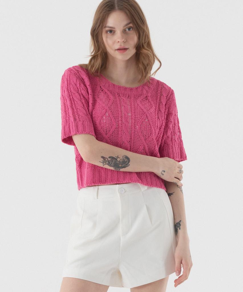 PIANER See-Through Punched Boucle Short Sleeve Knit (Pink)