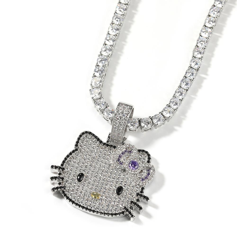 Fashion Sweet Hip Hop Jewelry Small Size Bling CZ Iced Out 5A Zircon Cute Cartoon Cat Pendant Necklace for Women Gift