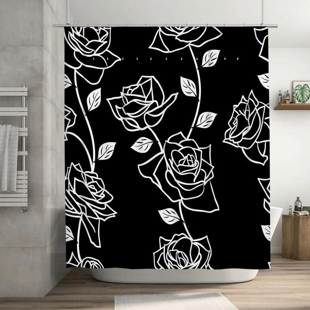 Black White Floral Shower Curtain Waterproof Print Home Decor Bath Rug Room Decorative Canvas Fabric Curtains