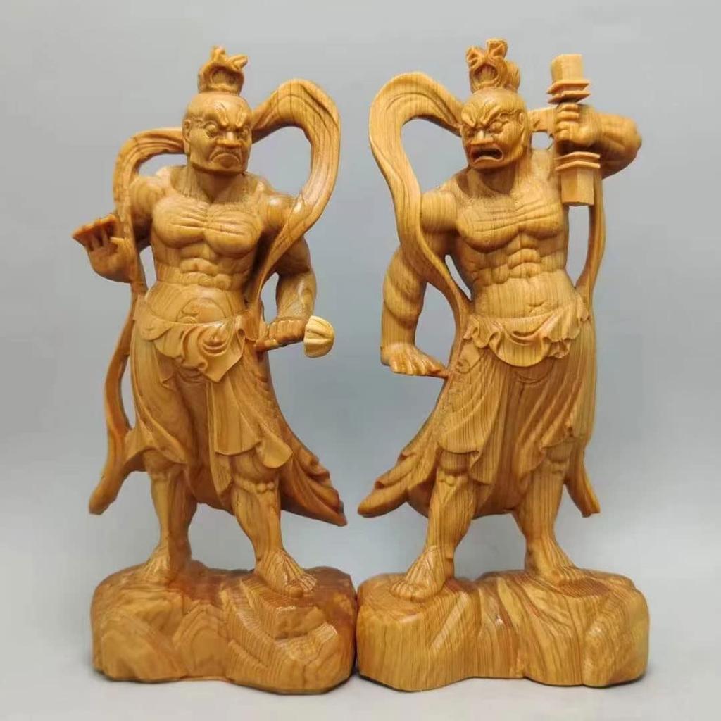 Pair of Natural Cliffwood Buddha Statues, Kongorikishi (Diva), 12cm Tall, Guardian Deities