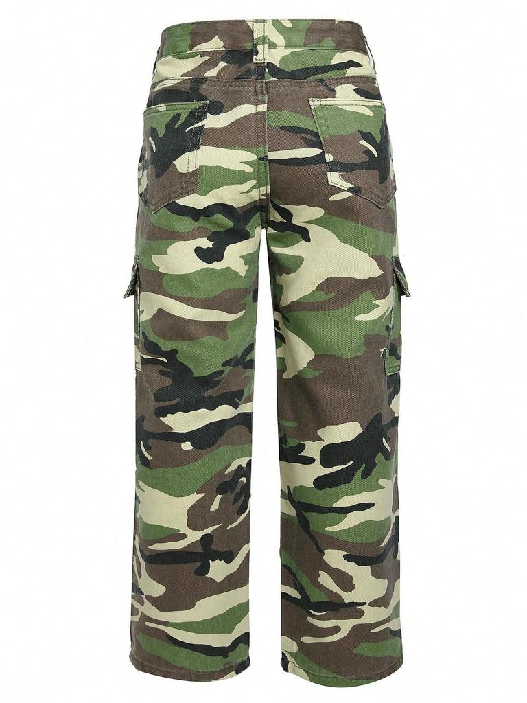 European-American Retro Women's High Waist Camouflage Cargo Pants with Wide Legs and Turn-Up Pockets - Style 8115