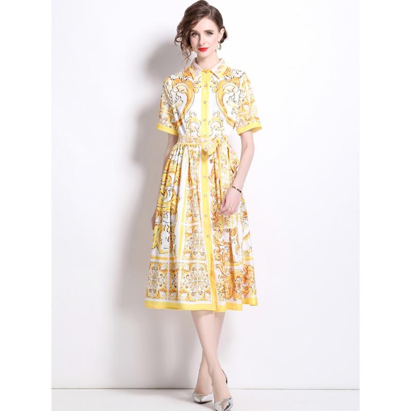 

Летнее винтажное дизайнерское платье с принтом, подиумное, женское, модное, с коротким рукавом, на одной пуговице, рубашечного типа, для вечеринки, со шнуровкой XL жёлтый