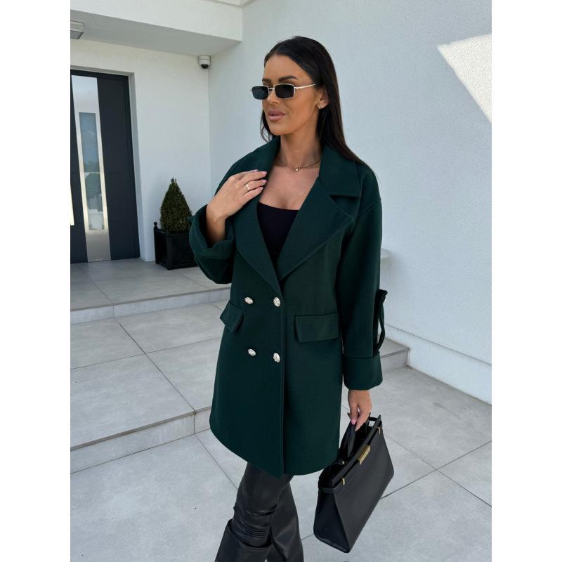 Women's European and American Solid Color Woolen Overcoat with Suit Collar