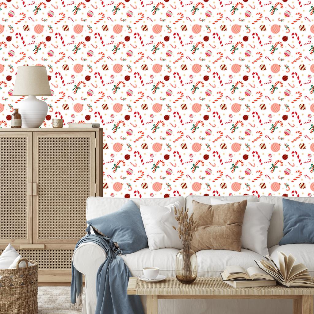 Christmas wallpaper white, coral, cream and red 50x1000