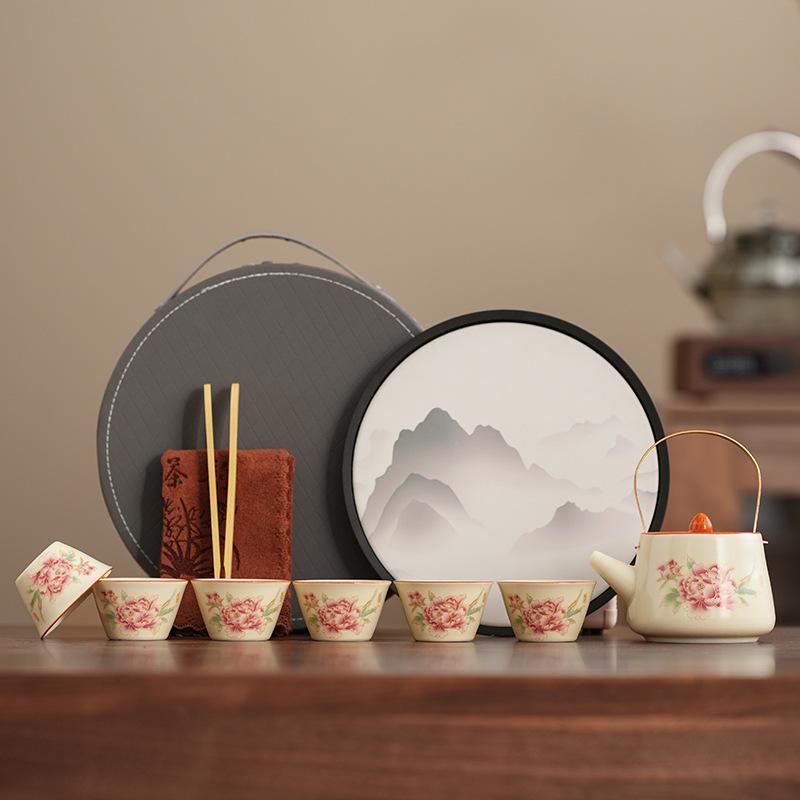 

Rich Peony Ru Kiln Tea Set Business Gifts Guochao Travel Camping Business Travel Kuaike Cup Tea Pot
