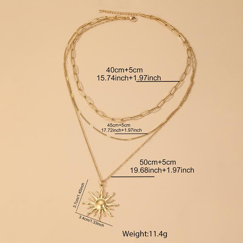 Stainless Steel Vintage Sun Pendant Necklace for Women Simple Metal Multi-Layer Thin Chain Clavicle Chain Fashion Party Jewelry
