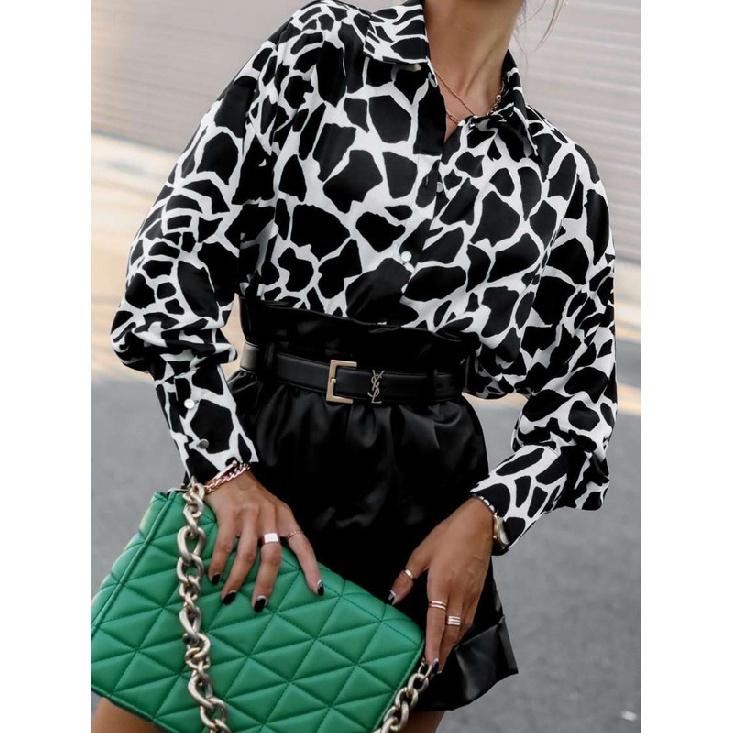 Europa und Amerika Border Hemd Locker Frühling und Herbst Druck Einreihiger Cardigan Laterne Langarmhemd für Damen