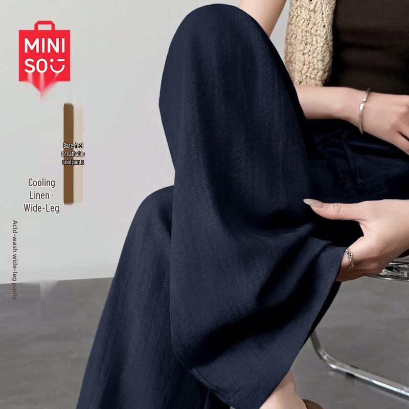 MINISO Women's High-Waist Linen Blend Wide-Leg Pants