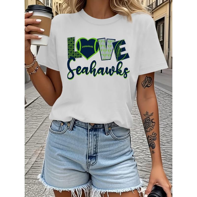 

Seahawk Print Short-Sleeve T-Shirt - Loose Fit Crew Neck Casual Top with Seahawk, Machine Washable Suitable for - Wear S белый