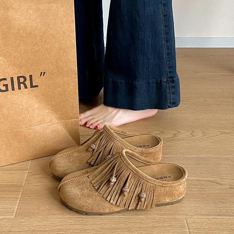 New Women's Flat Shoes Cover Toe Increased Internal Fringe String Bead Slippers Fashion All-match Spring and Autumn Single Shoes