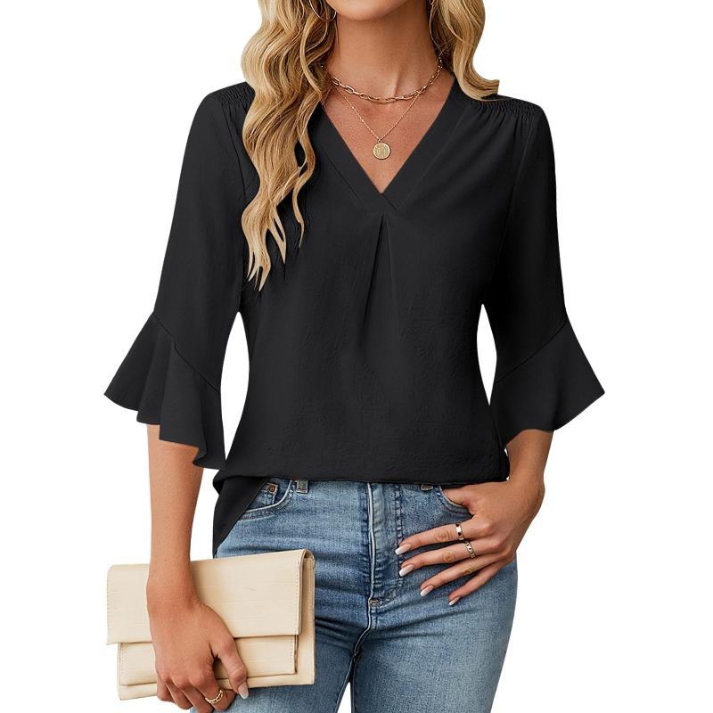 BITCED Women's Fashion Casual Solid Color Print V-Neck 3/4 Sleeves Blouses & Shirts