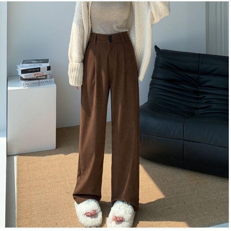 Corduroy Wide-leg Pants for Women in Autumn and Winter, High-waisted, Drape, Casual Straight Leg