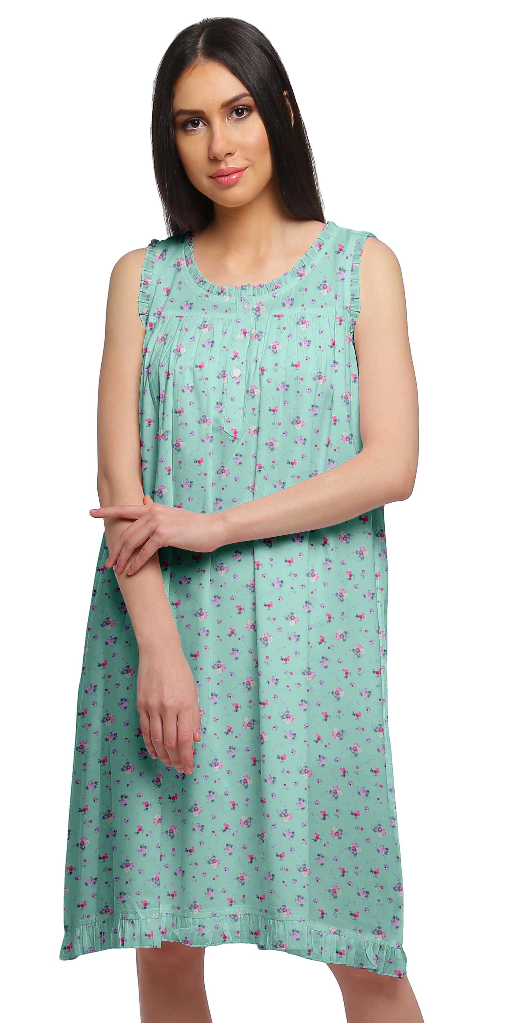 

Moomaya Жіноча бавовняна нічна сорочка без рукавів з принтом А-силуету XS зелений