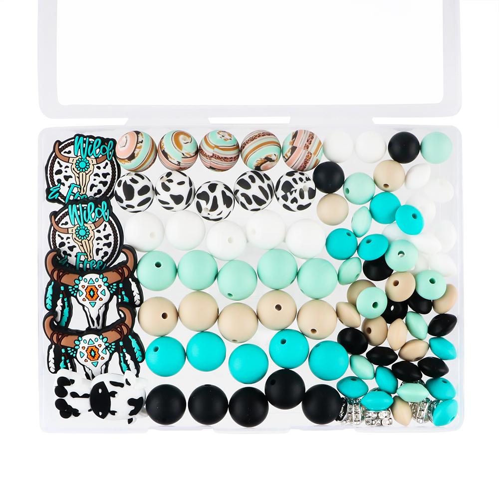 New 100Pcs/Box Yak Cow Silicone Focal Beads Printed Round Lentil Bead Kits DIY Keychain Bracelet Accessories For Jewelry Making