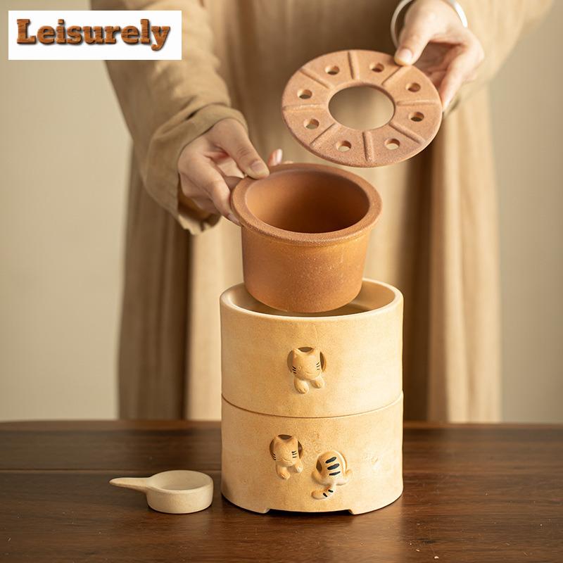Cute Cat House Warm Tea Stove Charcoal Ceramic Candle Furnace Insulation Heating Base Boiling Water Kettle BBQ Holder Teaware