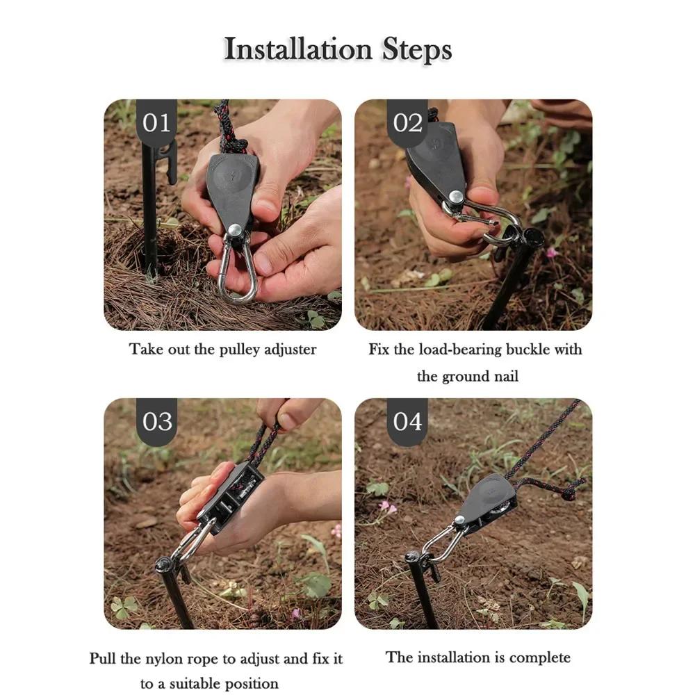 4Pcs Tent Adjustable Rope Fastener Fixed Buckle Pulley Tensioner Ratchet Hangers Lights Lifting Camping Awning Wind Rope