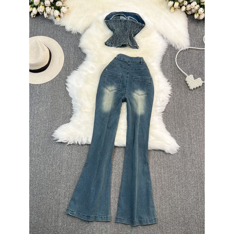 Tube Top Denim Casual High Waist Bootcut Fashion Suit