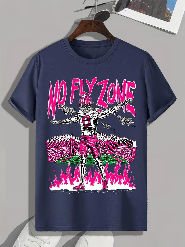 NO FLY ZONE Graphic Print Unisex's Creative Top, Casual Short Sleeve Crew Neck T-shirt, Unisex's Clothing For Summer Outdoor