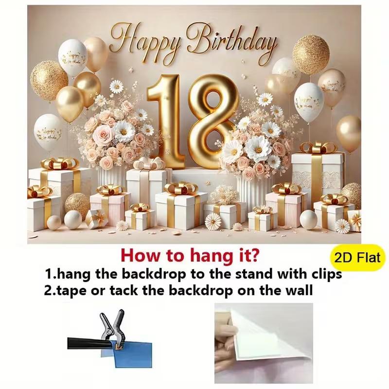 2D Neutral Elegant Backdrop "Happy Birthday" with White & Gold Gift Boxes Photo Booth Background