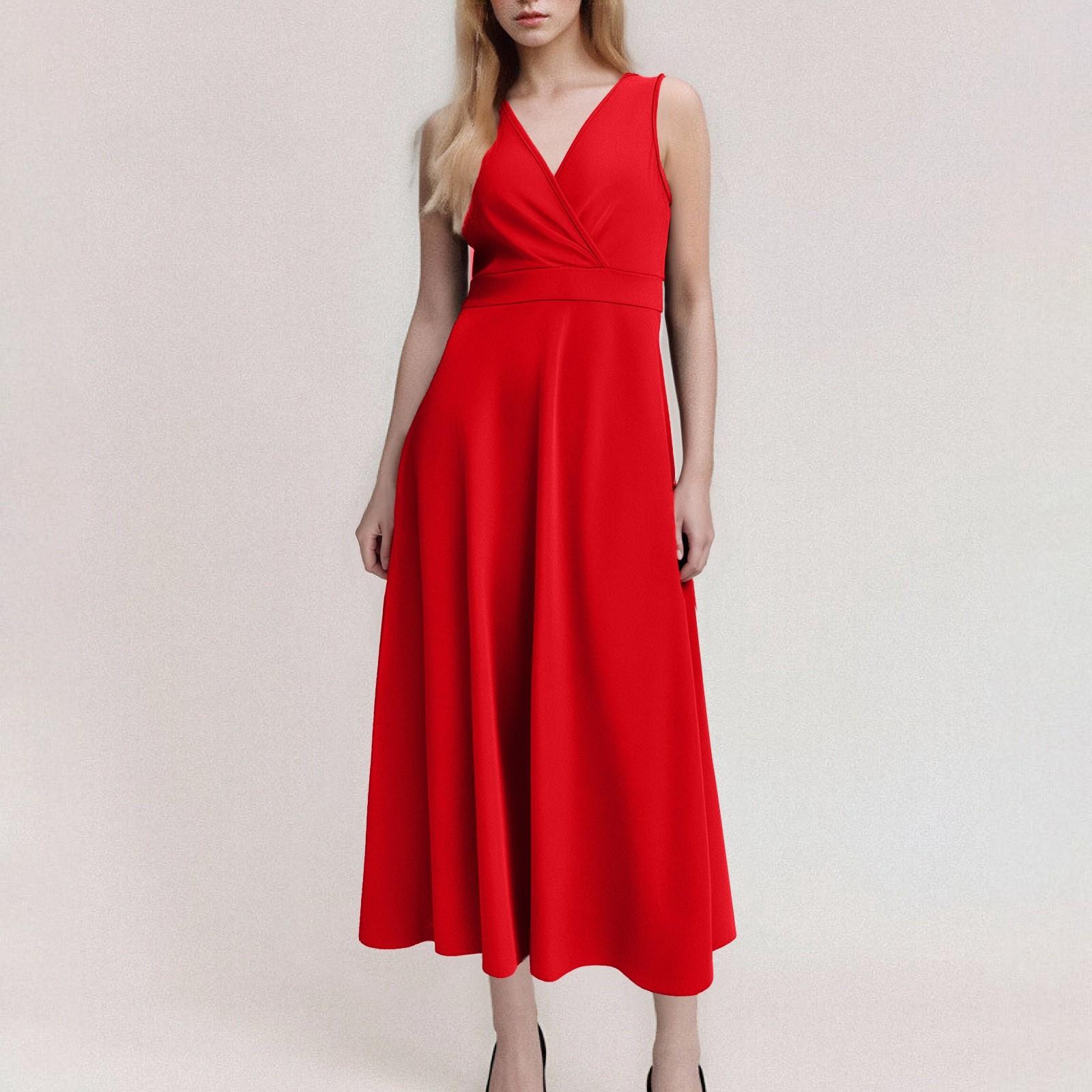 

Женское летнее пляжное свободное платье миди трапециевидной формы без рукавов с круглым вырезом и цветочным принтом, платье-жилет с карманом на шнуровке XL красный