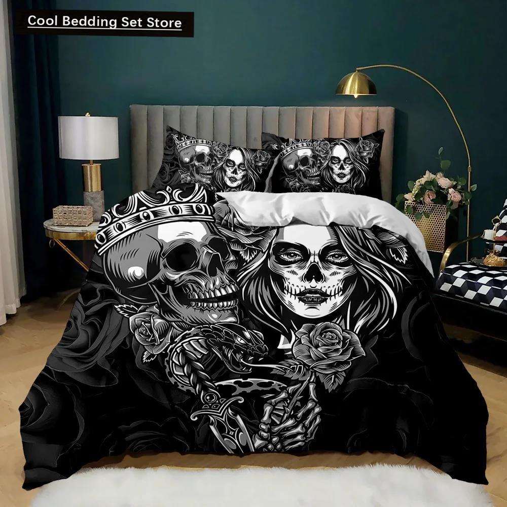 Totenkopf Bettbezug Set Rose Twin Skelett Kuss Bettbezug Teens Gothic Skelett Doppel Queen King Size Polyester Bettbezug