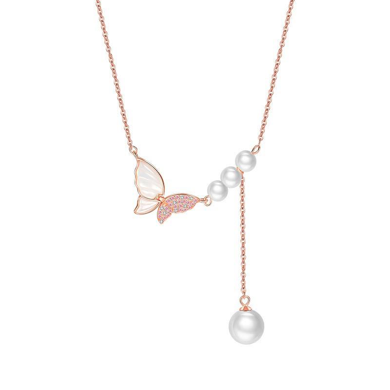 S925 Sterling Silver Bow Necklace with Pearl Tassel - Elegant Sun Collection Gift for Her Sterling Silver