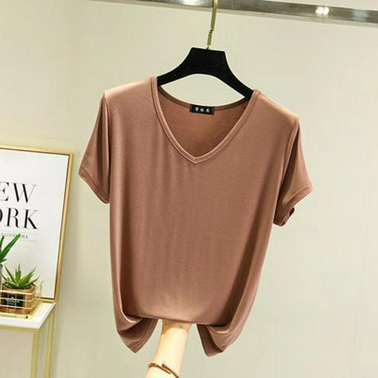 Women's Plus Size V-Neck Modal T-Shirt - Short Sleeve, Loose Fit, Thin Layer, Korean Style
