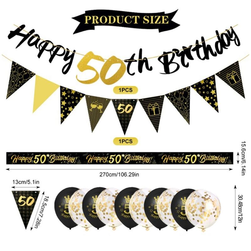 Birthday Balloons Set Black Gold Latex and Confettied Balloons Flags Banners for Men Party Decorations