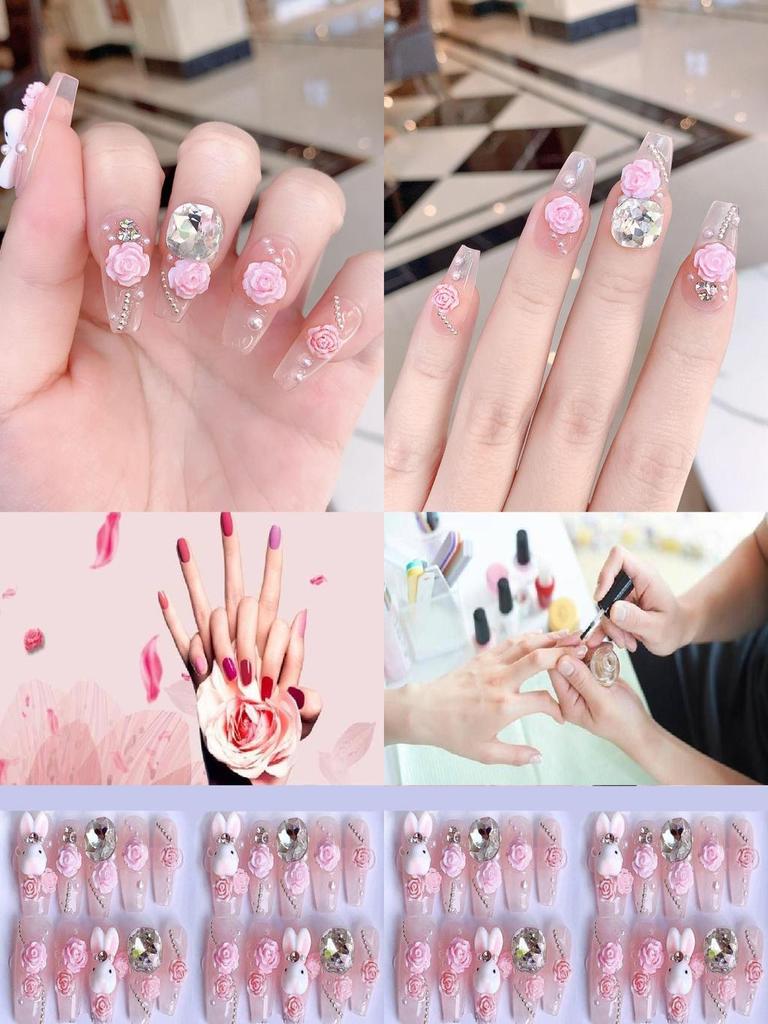 Handmade Cute Cartoon Bunny Pink Camellia Nail Art Creative Pet For Women Xs S M L Cream Hug Bunny Medium Wearable Style