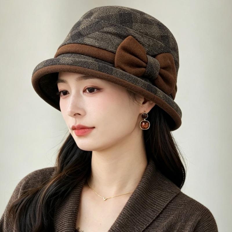 Autumn and winter new women's plaid basin hat bow woolen top hat elegant retro versatile bucket hat mother hat