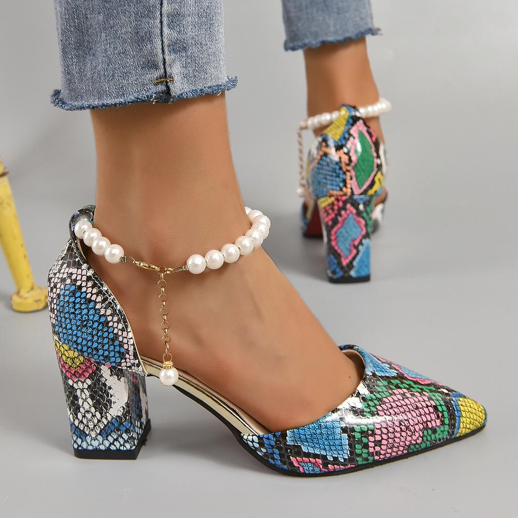 Fashion Aphixta Snake Pattern High Heel Sandals Summer Elegance Retro Women's Square Heel Sandals Size 33-46 Pearl Chain Design