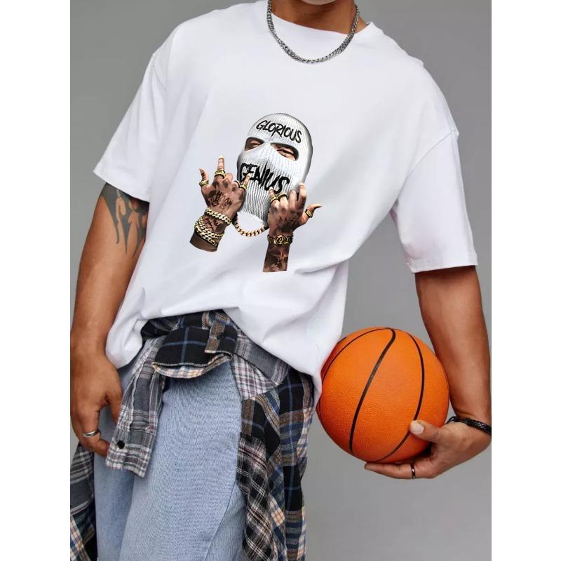 White T Shirt with Glorious Genius Mask and Tattooed Hands Print for Casual Streetwear Style