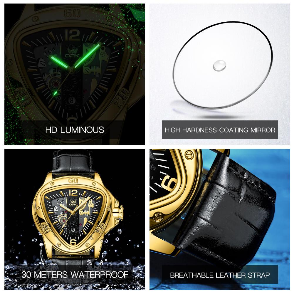 OPK Modny Oryginalny Zegarek Kwarcowy Dla Mężczyzn Luksusowa Trójkątna Tarcza Wodoodporny Luminescencyjny Skórzany Zegarek Dla Biznesmena