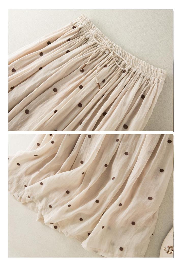 2025 Spring/Summer Women's Cotton Linen Polka Dot Pleated Midi Skirt with Elastic Waist