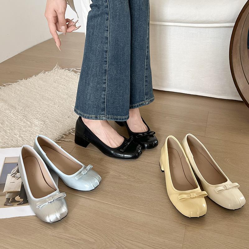 French Retro Light Mouth High Heel Single Shoes Women's 2025 New Summer Bow Flat Grandma Shoes Soft Leather Beanie Shoes