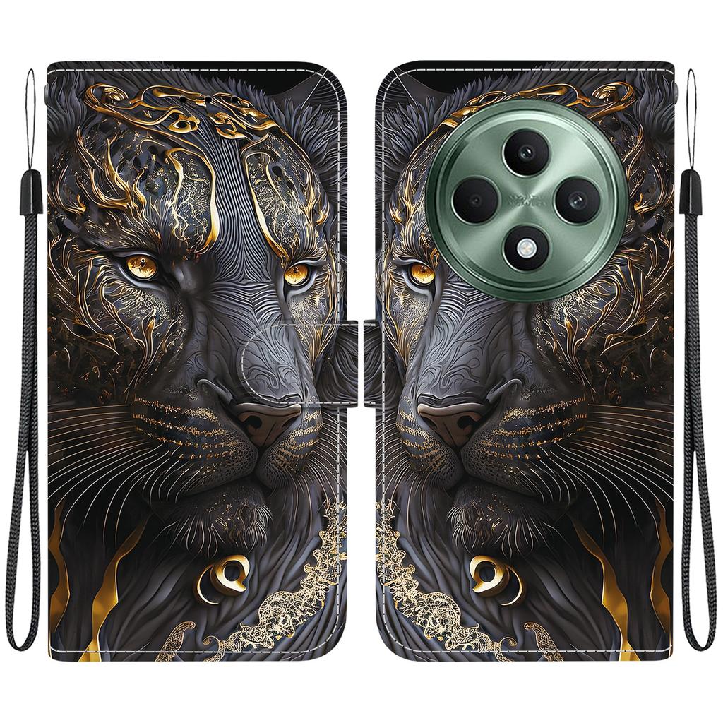 Ręcznie robione etui z klapką z PU skóry dla Oppo Reno12 F (5G/CPH2637) Antypoślizgowe Wstrząsoodporne Etui z Paskiem na Nadgarstek i Wzorami Kota/Róży/Serca