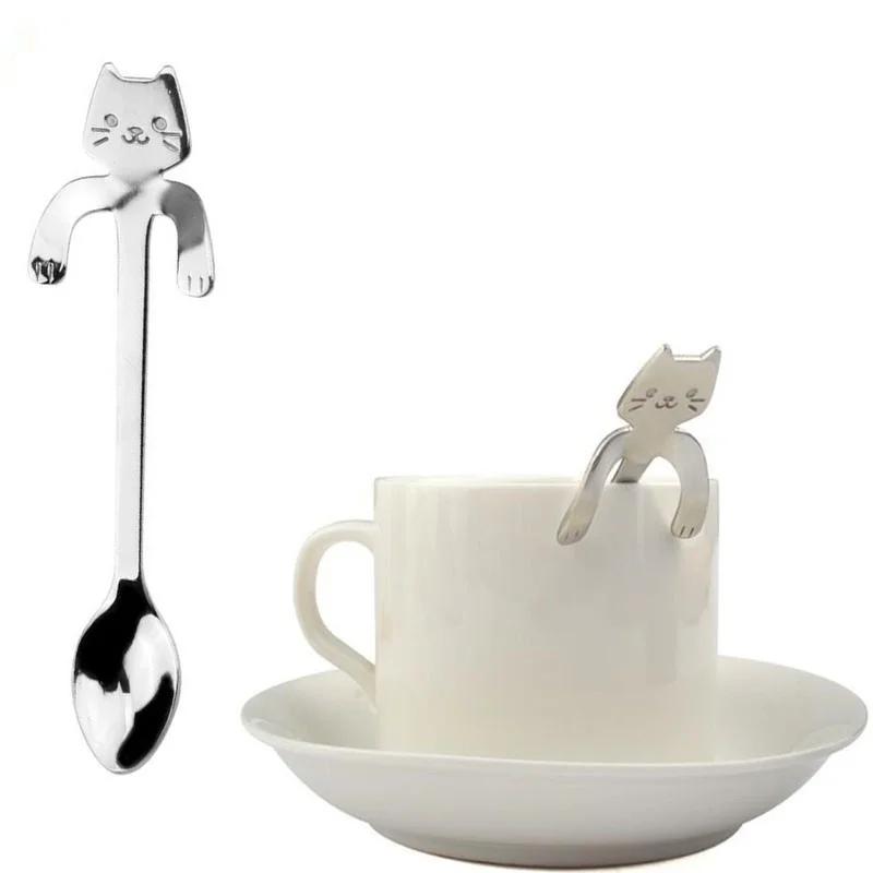 1 sztuka Cute Cat Łyżka Długa rączka Łyżki Sztućce Narzędzia do picia Gadżety kuchenne (Kolor: Srebro)