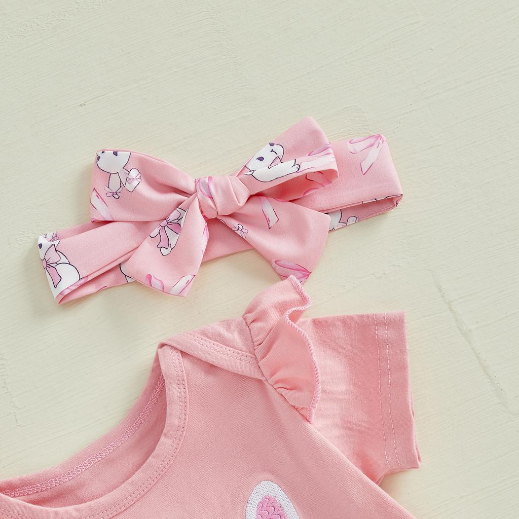 Baby Girl Easter Outfits Letter Embroidery Crew Neck Short Sleeve Romper Ruffles Shorts Headband 3Pcs Clothes Set