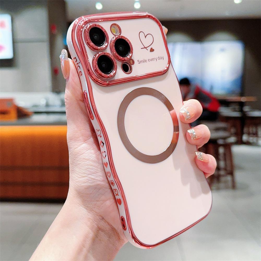 Electroplated side heart-shaped large window, iPhone 17 phone case, magnetic wave pattern, iPhone 16 Pro Max soft case 15