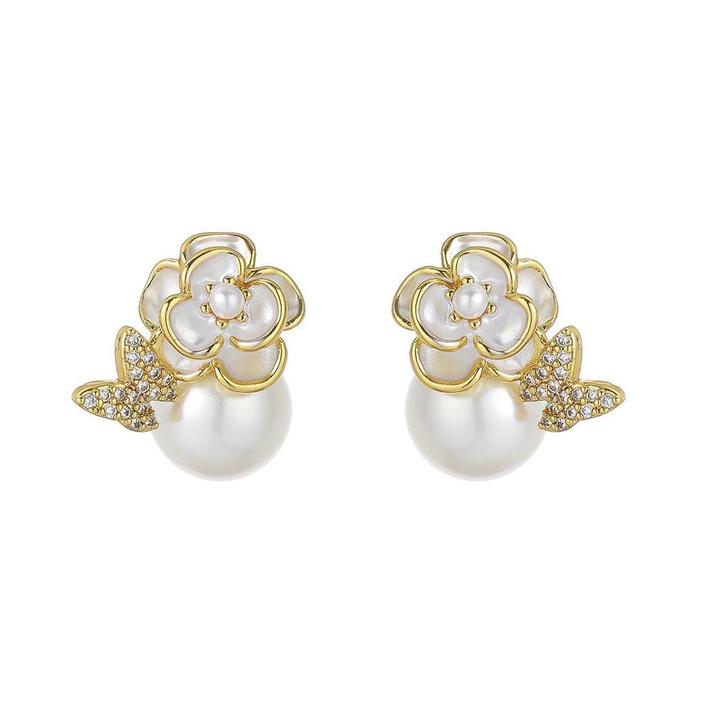High-End French Enamel Camellia Butterfly Pearl Stud Earrings
