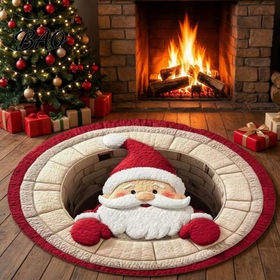 Holiday Party Floor Covering Round Christmas Rug, 39" Imitation Cashmere Santa Snowflake Pattern, Pattern Rug Area for Home Living Room Bedroom Decor